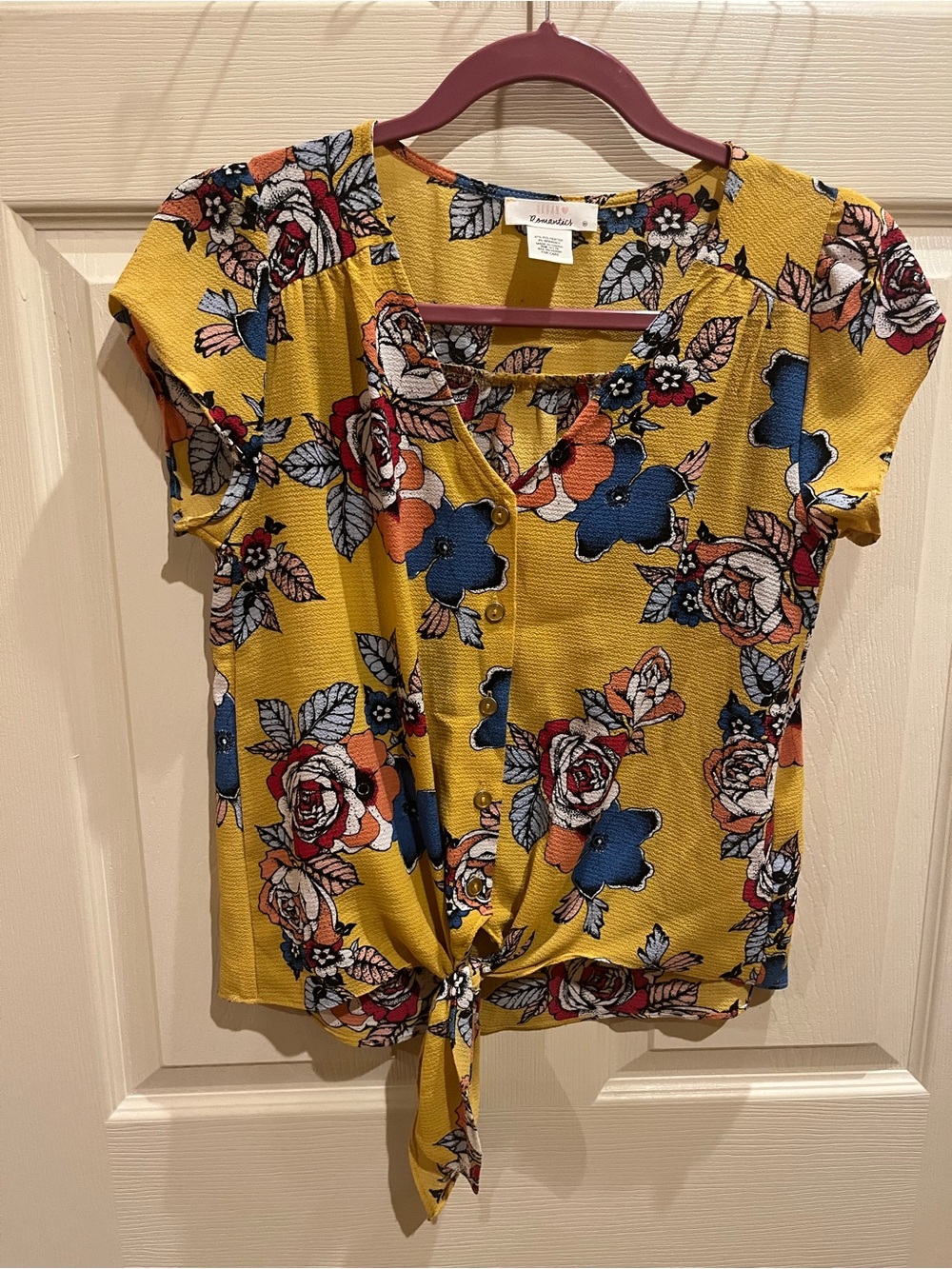 URBAN Romantics Mustard Yellow Floral Button-Front Tie-Hem Top